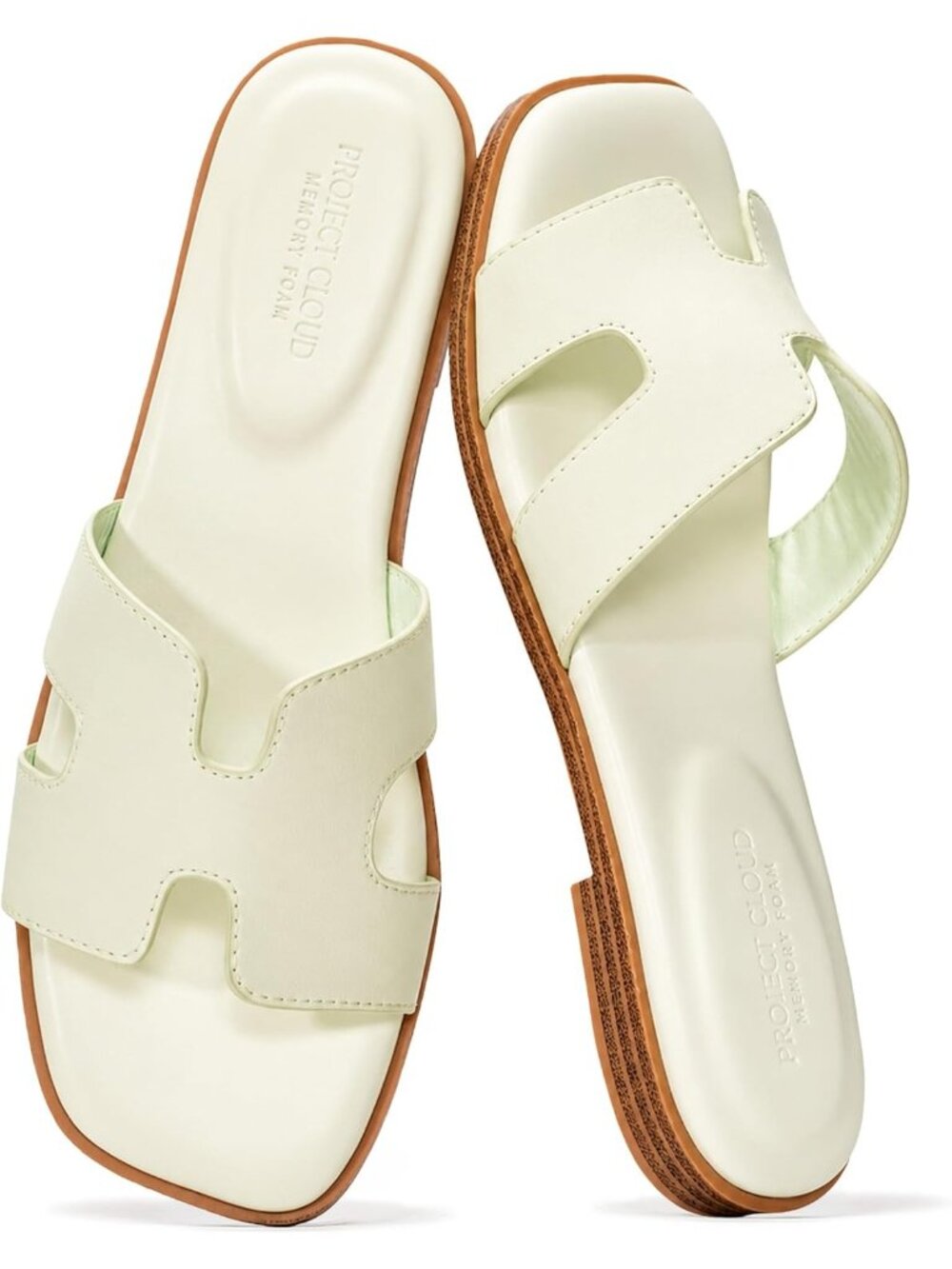 Women's Pistachio Genuine Leather Sandals Flat Slides Mules Memory Foam Footwear